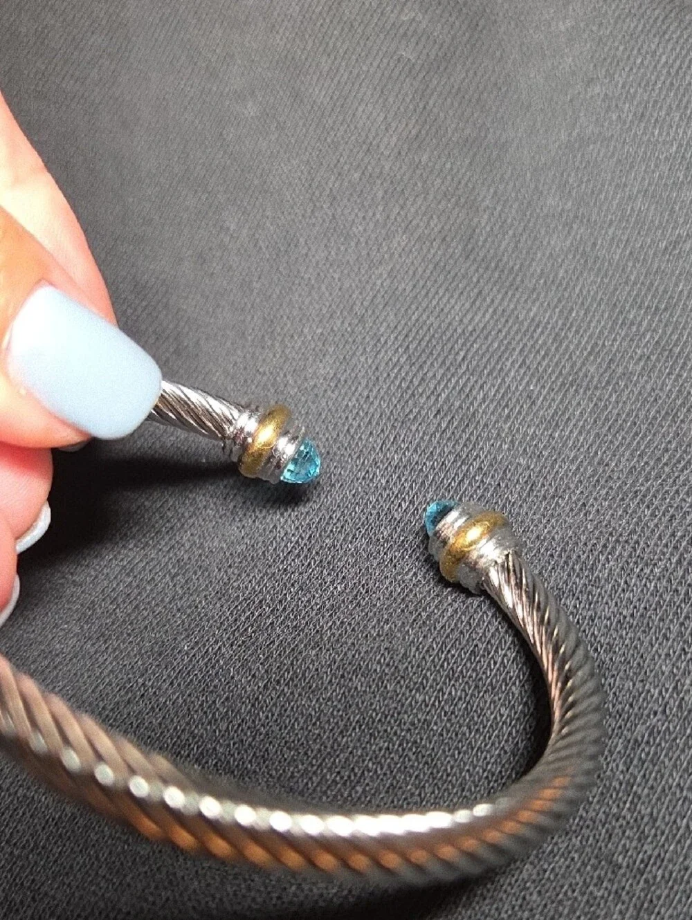 (Blue) Twisted Cable Cuff Bracelet with Crystal End Caps